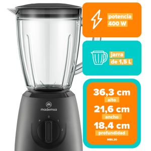 Licuadora Mademsa 1,5L con Jarra de Vidrio y 2 velocidades 400W MBL20 Negra