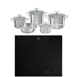 Kit Encimera a Inducción 4 Platos con PowerBoost (IE6LP)  Electrolux + Juego de Ollas Acero Inox